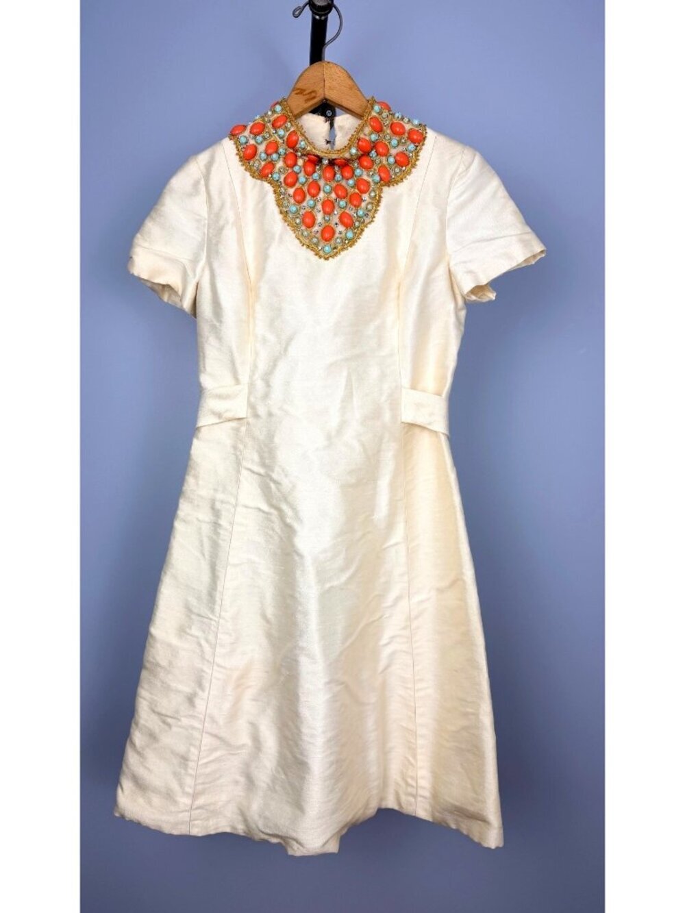 Vintage 1960's Cream Silk Turquoise Coral Beaded Cocktail Dress Size XS